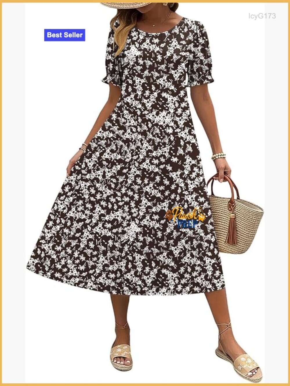 Summer Midi Dress with Puff Sleeves and Pockets, Flowy Pleated Casual Sundress